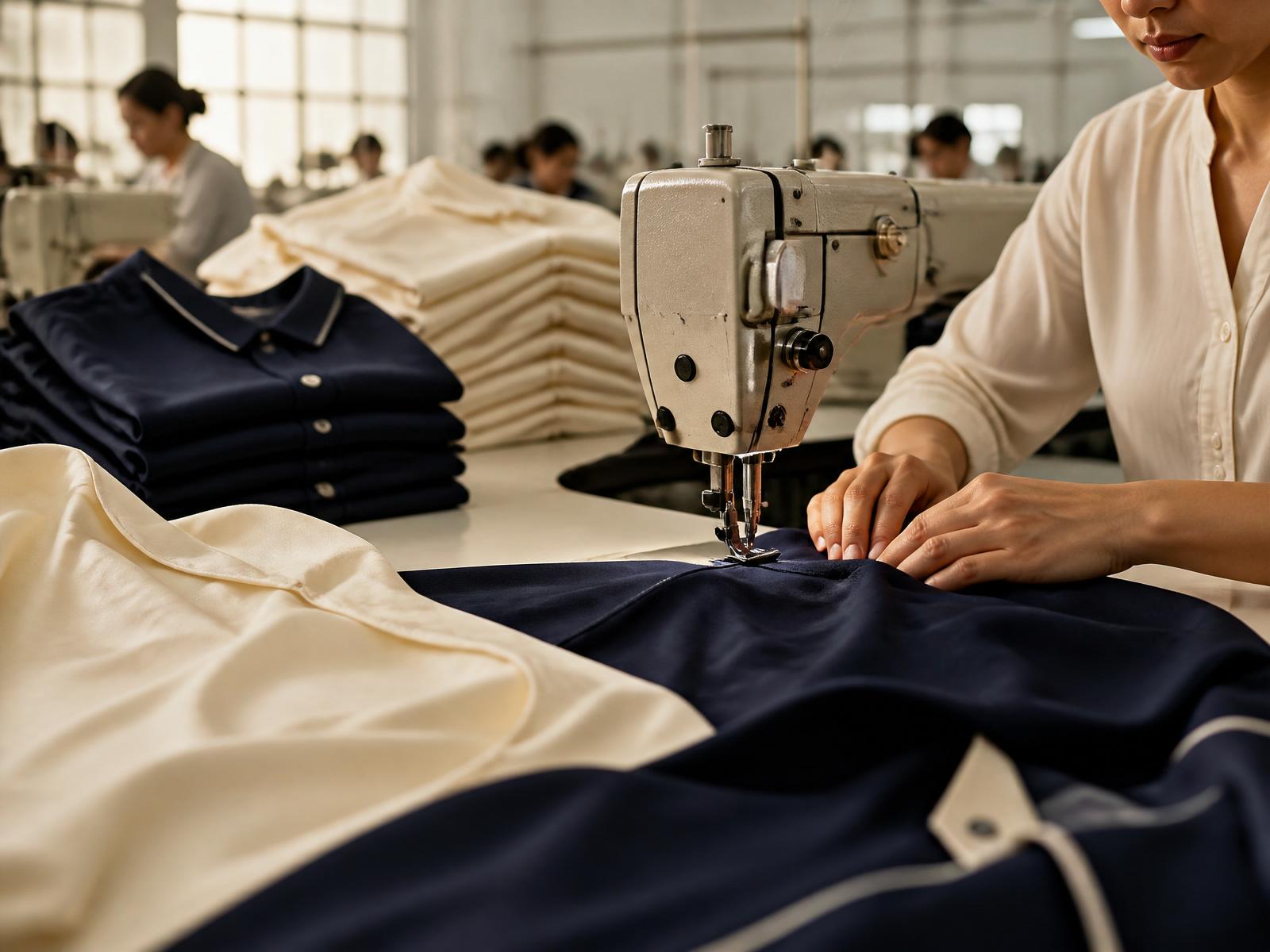 Xưởng may MAY X10 — người thợ đang may áo đồng phục cao cấp